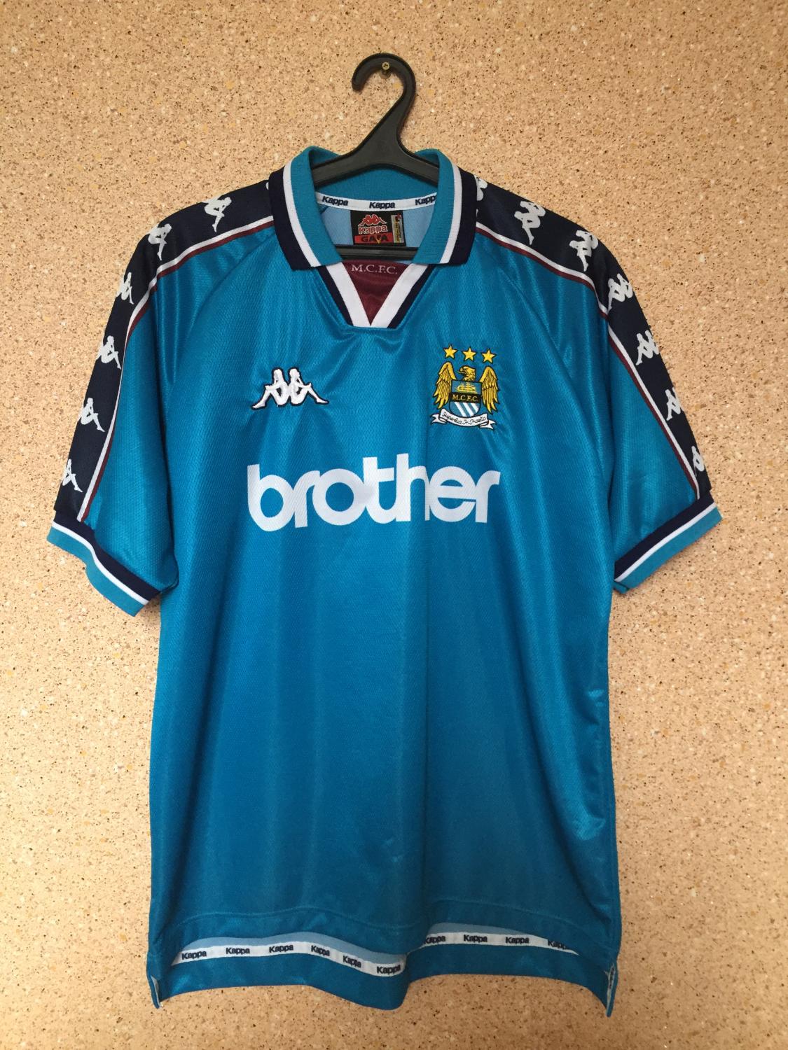 Manchester City Home football shirt 1997 - 1999. Sponsored by Brother