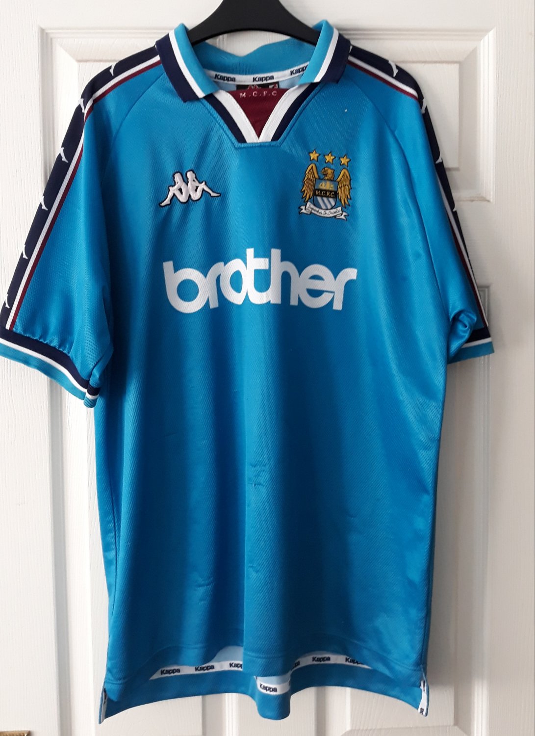 Manchester City Home football shirt 1997 - 1999. Sponsored by Brother