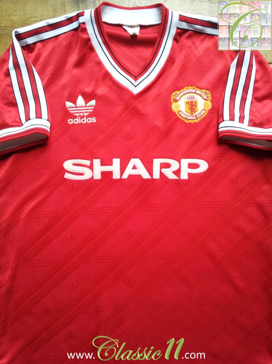 Manchester United Home football shirt 1986 - 1988. Sponsored by Sharp
