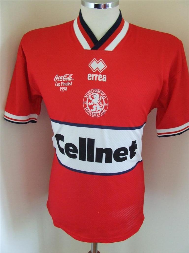 Middlesbrough Home football shirt 1997 - 1998. Sponsored by Cellnet