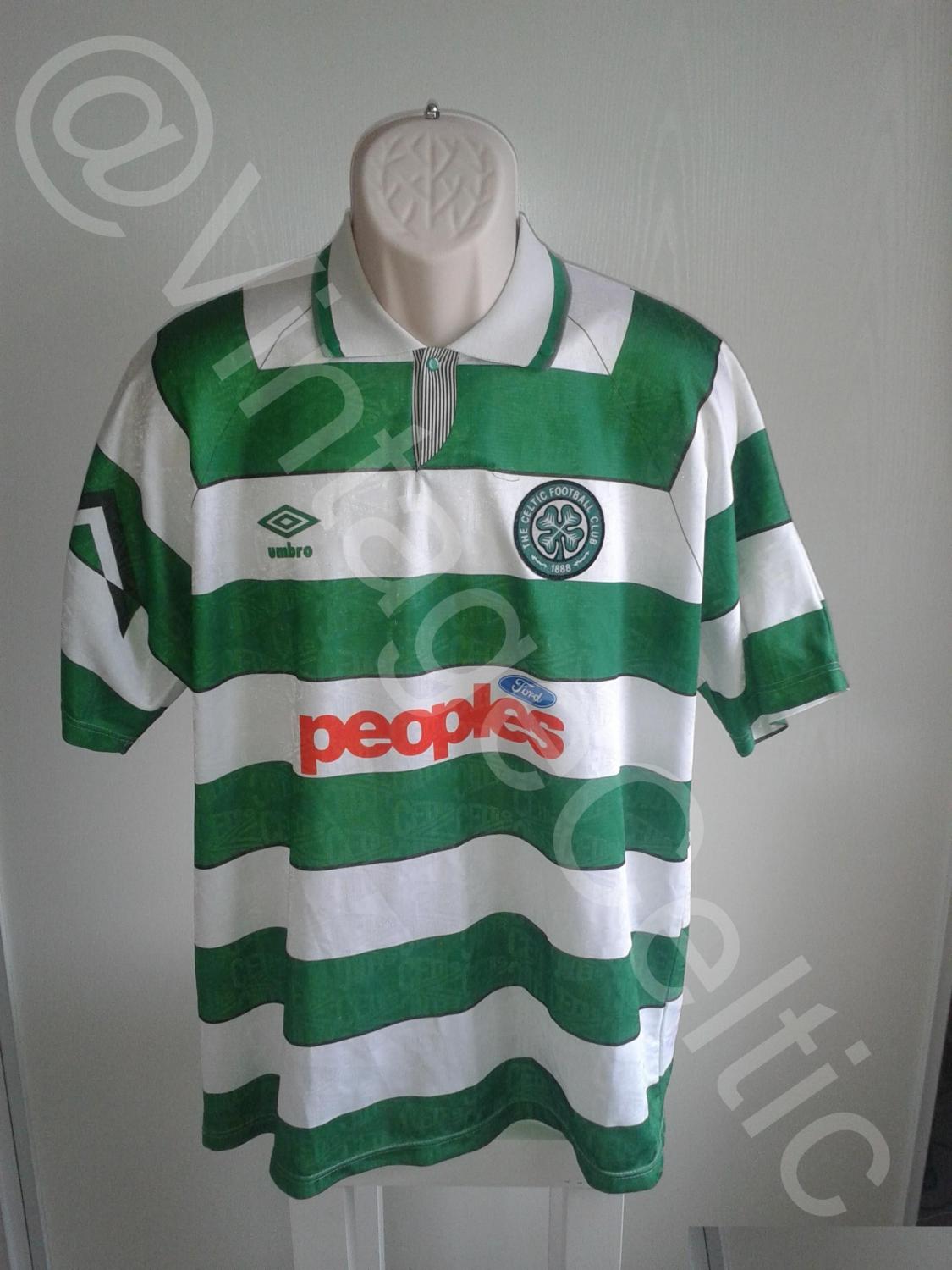Celtic Home maglia di calcio 1991 - 1992. Sponsored by Peoples Ford
