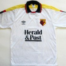 Watford Fora camisa de futebol 1989 - 1991 sponsored by Herald & Post