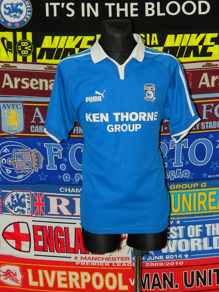 Cardiff City Home football shirt 2002 2003. Sponsored by Ken Thorne