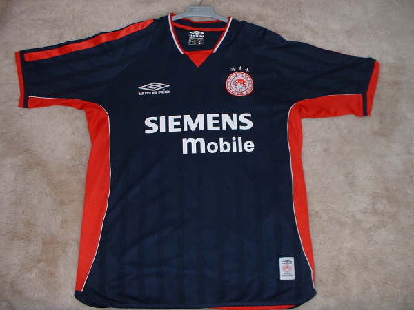 Olympiacos Away football shirt 2001 - 2002. Sponsored by Siemens