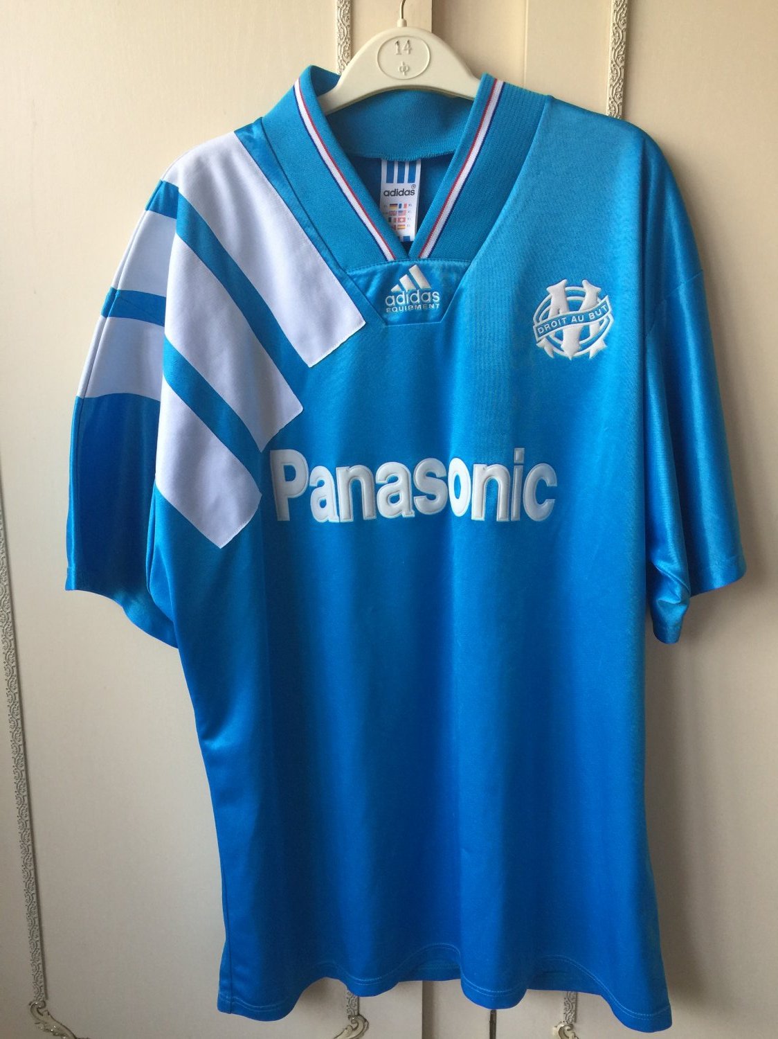 Basket Opposite poultry Olympique Marseille Away football shirt 1993 - 1994. Sponsored by Panasonic