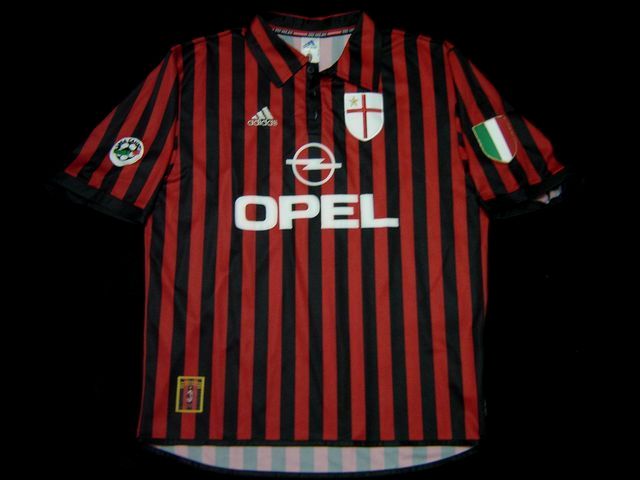AC Milan Home football shirt 1999 - 2000. Sponsored by Opel
