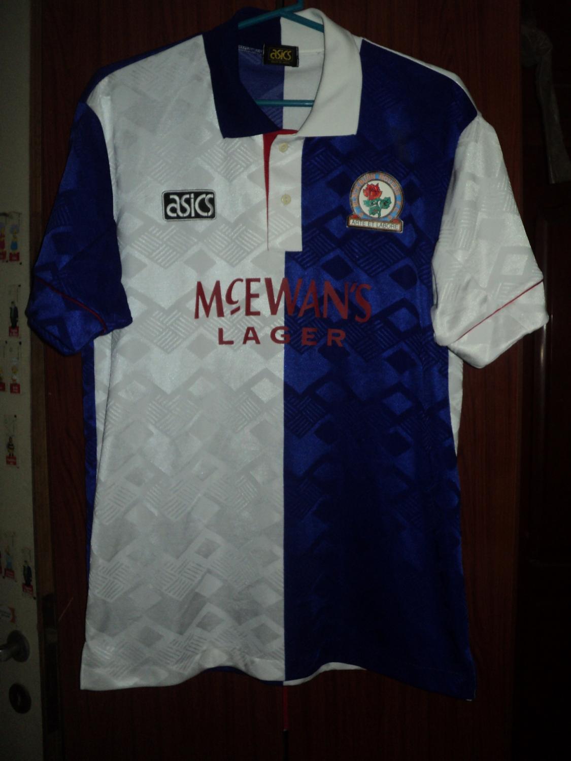 lápiz muy Por Blackburn Rovers Home Camiseta de Fútbol 1992 - 1994. Sponsored by McEwan's  Lager