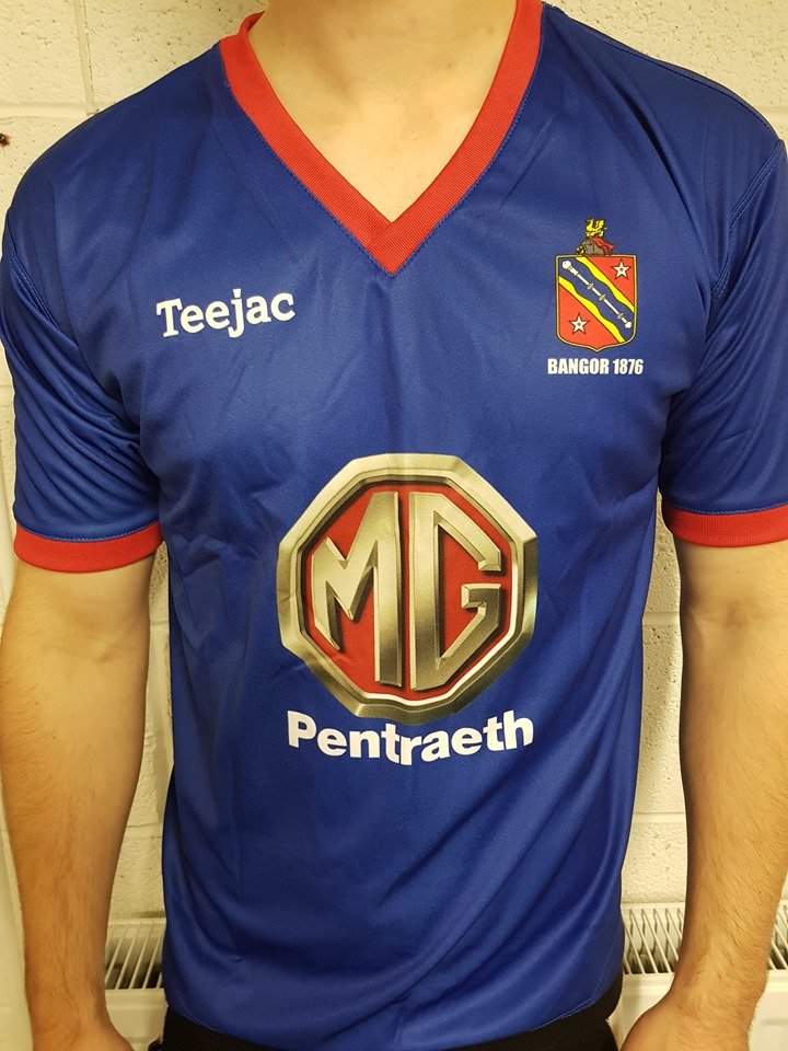 Bangor 1876 F.C. Home football shirt 2019 2021. Sponsored by MG