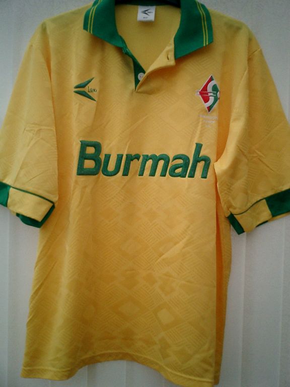 Swindon Town Away football shirt 1993 1995. Sponsored by Burmah